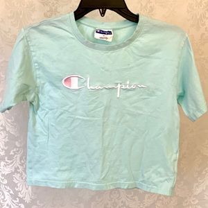 Champion Junior/Girls Cropped T-Shirt Teal SZ (M) Embroidered lettering on front